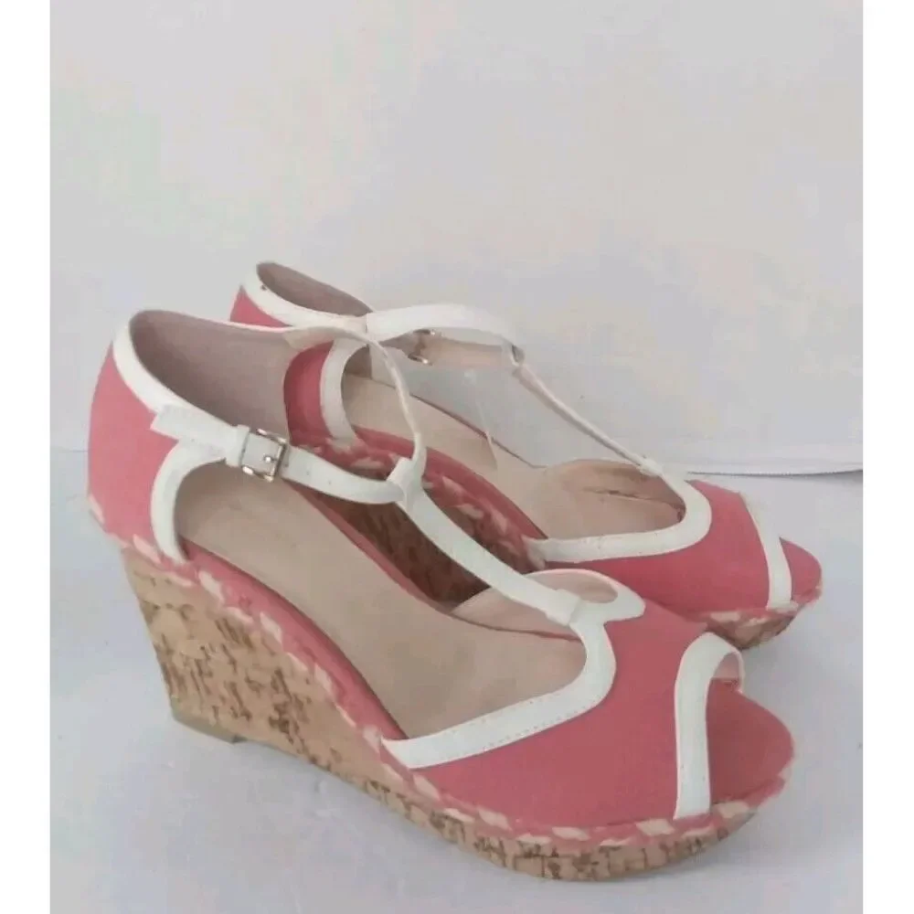 Retro Coral Pink White T-Strap Cork Wedge Sandal Peep Toe Summer‎ Shoes Size 9.5